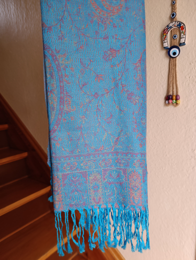 Pashmina Schal/Schultertuch türkis mit Fransen