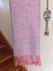 Pashmina Schal/Schultertuch rosa, dezent blau grau mit Fransen